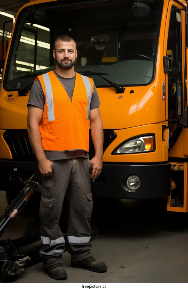 Portrait of a male sanitation worker in an orange safety vest standing in front of a garbage truck