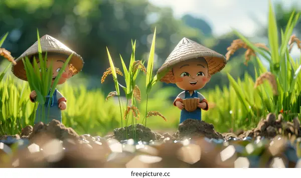 Two Asian farmers are planting rice in a paddy field