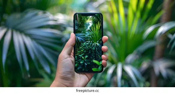 Hand Holding a Smartphone Showing Green Tropical Plants