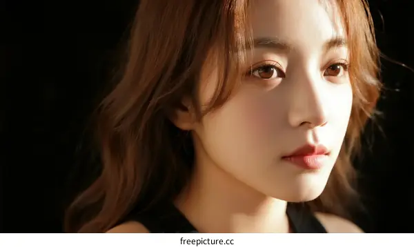 Portrait of young Asian woman with long wavy hair and soft lighting