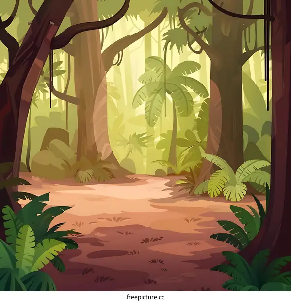 Green Lush Jungle Path With Sunlight