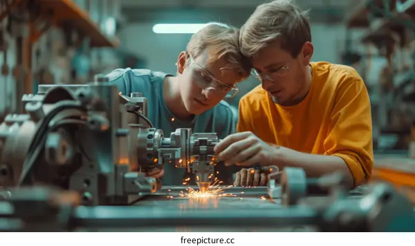 Two young men in a metal workshop using a laser cutter