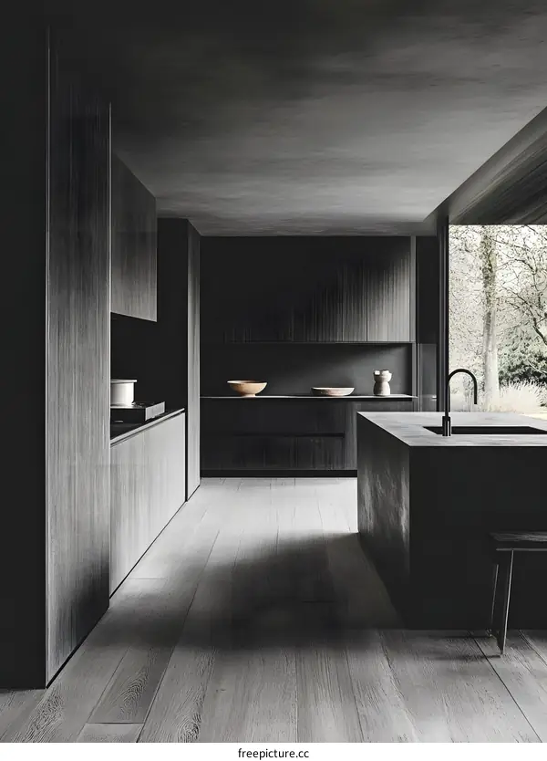 Modern Minimalist Kitchen Interior Design with Dark Wood Cabinets and Concrete Countertop