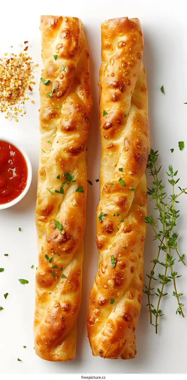 Two golden brown breadsticks on a white background with spices and sauce