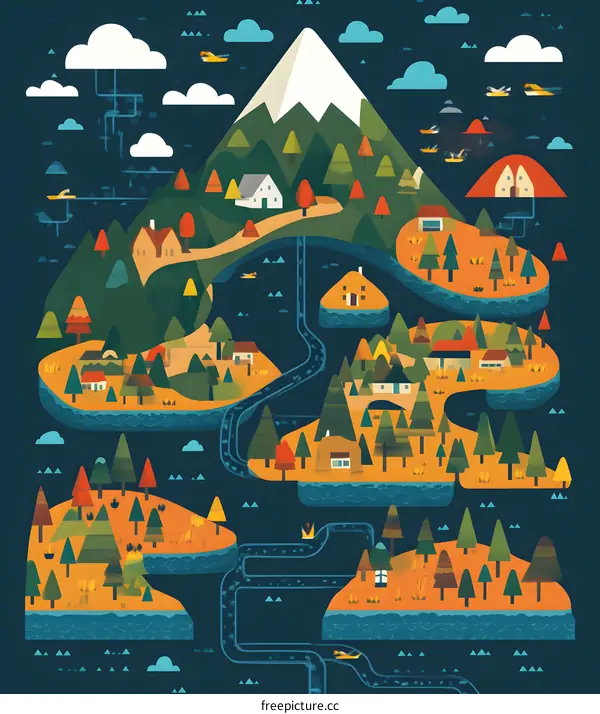 Illustrated Map of a Fantasy Village with Mountain, Houses, and Water