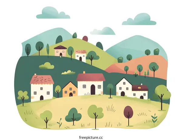 Cartoon Village Illustration With Green Hills and Houses