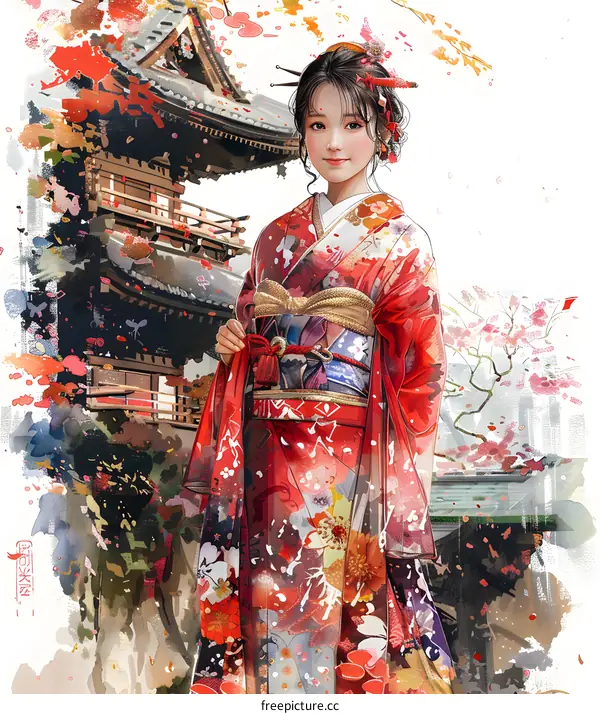 An Asian woman wearing a kimono stands in front of a traditional Japanese building.