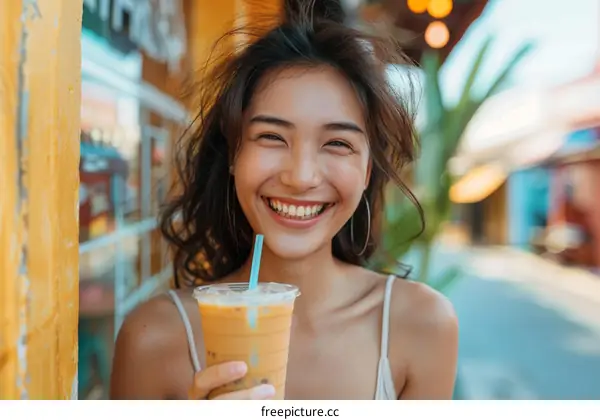 portrait of a smiling young woman drinking iced coffee