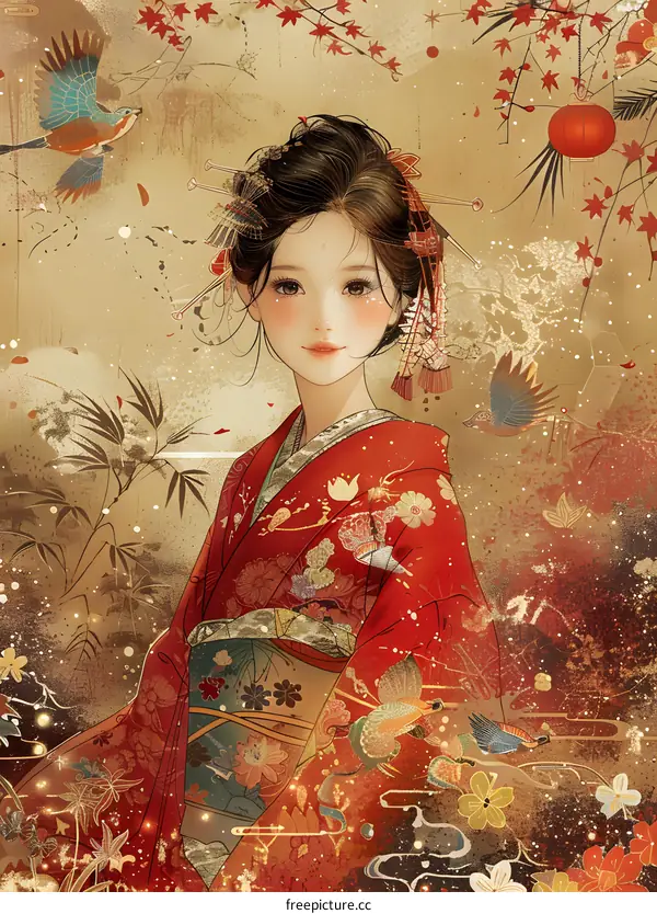 Beautiful Asian Woman in Traditional Red Kimono with Floral Patterns and Birds