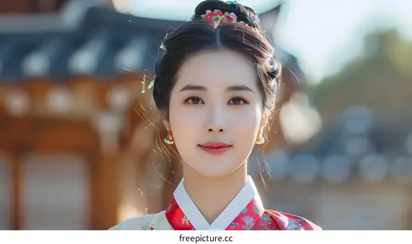 Portrait of a young Korean woman in traditional dress, smiling