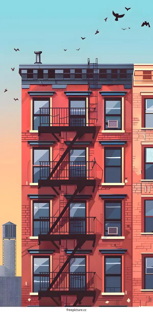 Red Brick Building with Fire Escape and Birds in the Sky