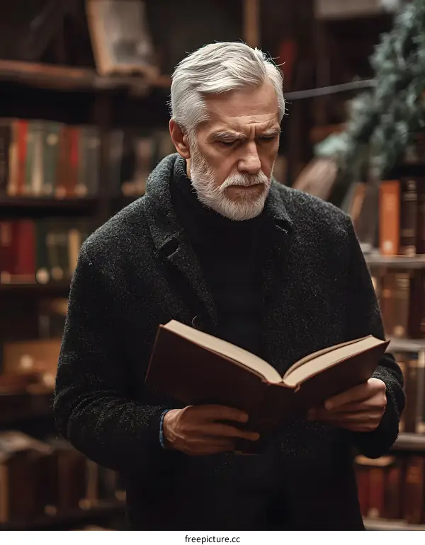 Elderly Man Reading Book in Bookstore