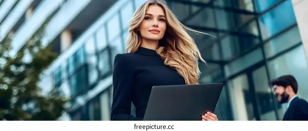 Confident Businesswoman Holding Laptop Outdoors