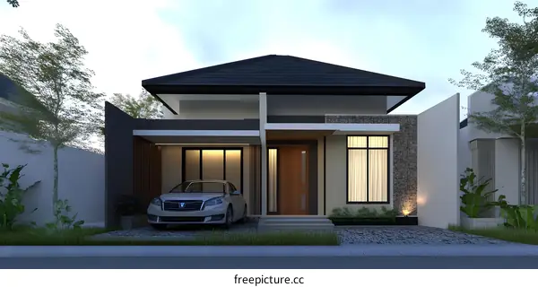 Modern Minimalist House Exterior Design With Black Roof And Wooden Door