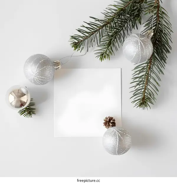 White Background with Silver Christmas Ornaments