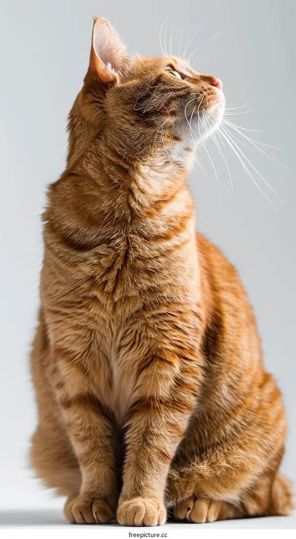 A ginger cat is sitting on a white table looking up