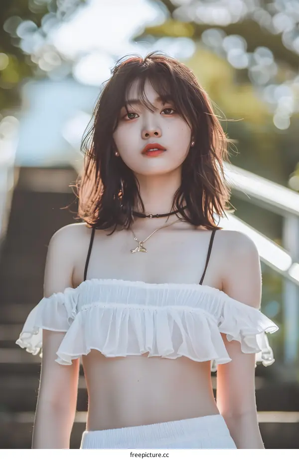 Beautiful Asian Woman Posing in White Dress