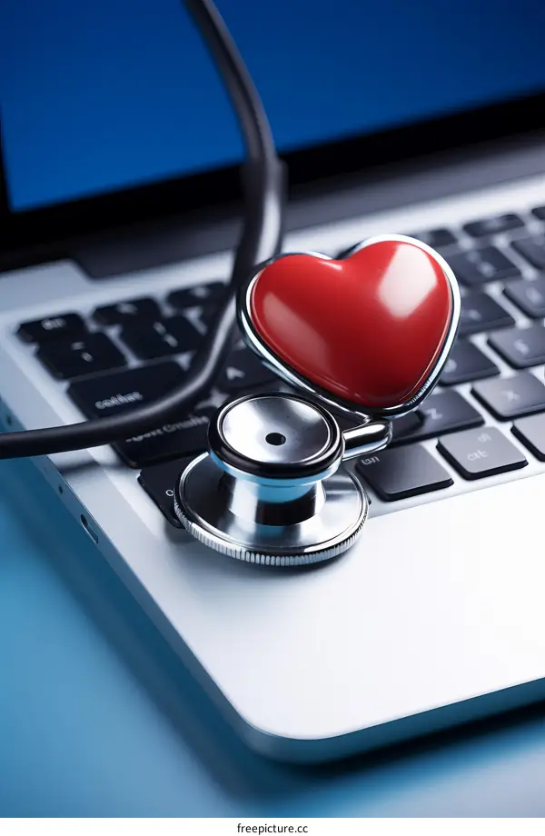 Red Heart and Stethoscope on Laptop Keyboard: Healthcare Technology