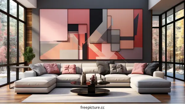 Modern living room interior with large abstract painting on the wall