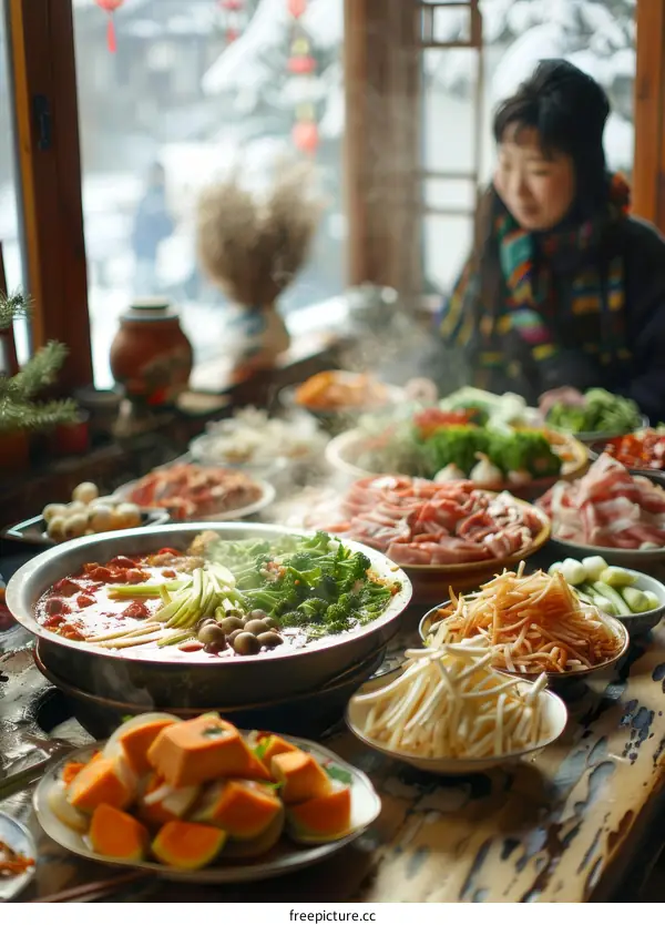 A Woman Enjoying a Hot Pot Meal with Friends