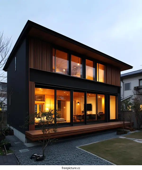 Modern Black House with Wooden Accents and Large Windows