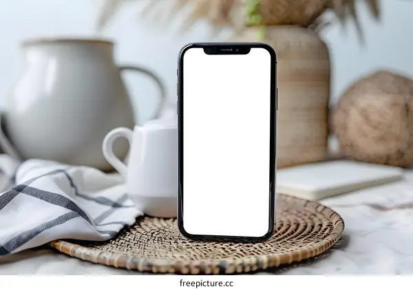 Blank Screen Smartphone Mockup With Wicker Tray