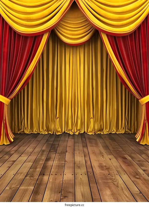 Red And Gold Stage Curtains with Wooden Floor