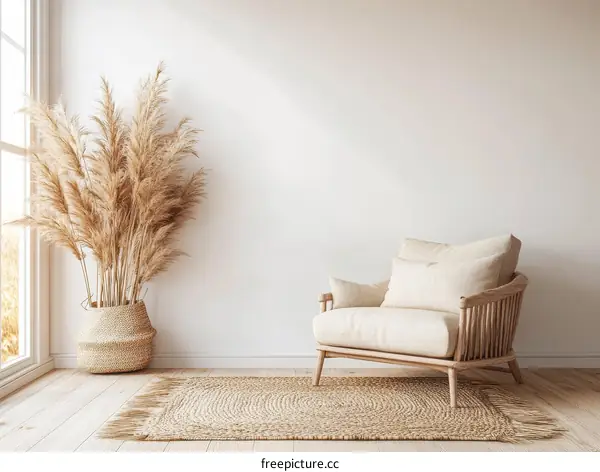 Modern Minimalist Living Room Scene with Natural Elements