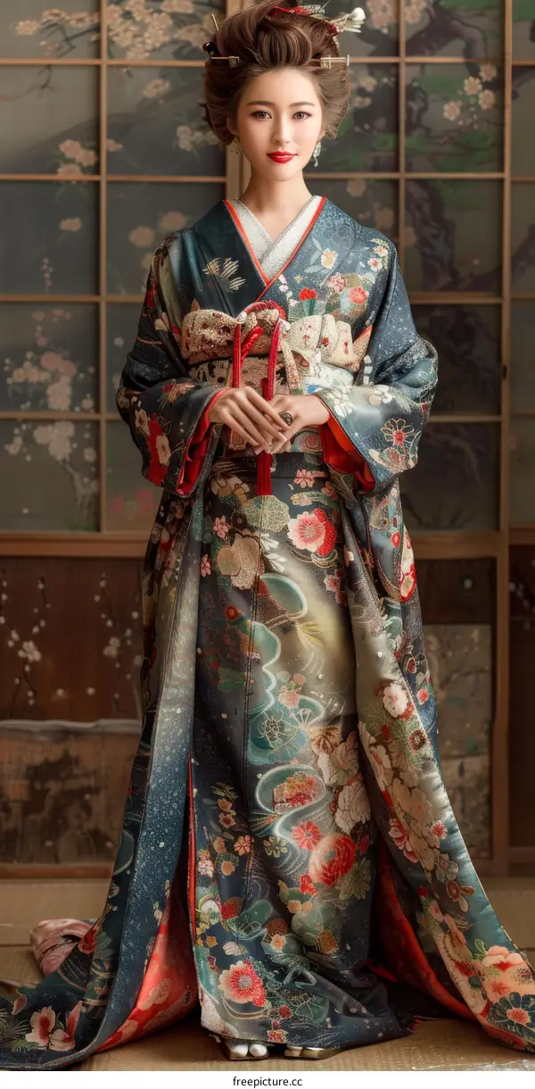 A woman wearing a kimono is standing in a traditional Japanese room.
