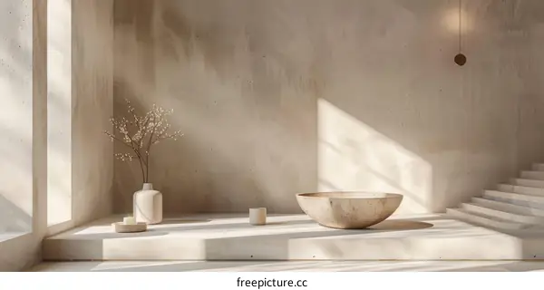 A minimalist room with a vase, a bowl, and a few candles