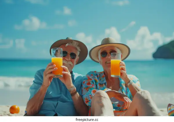 Happy retired couple drinking orange juice on a tropical beach
