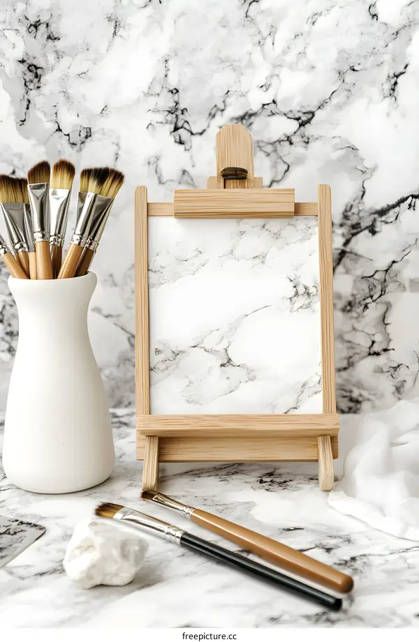 Wooden Easel with Paint Brushes and a Marble Background