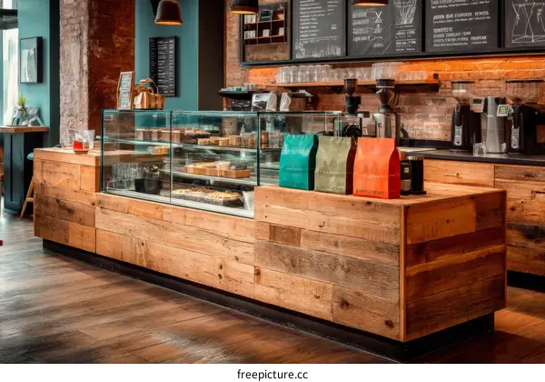 Rustic Wooden Coffee Shop Counter Display