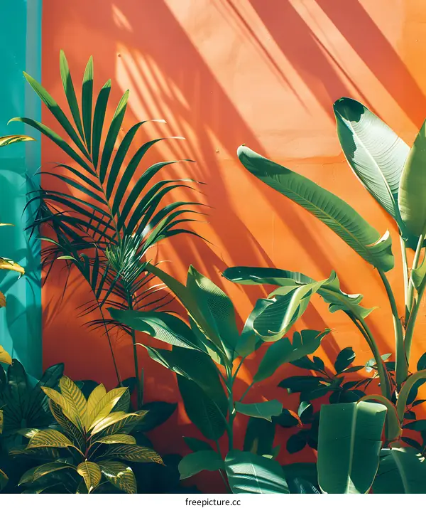 Tropical Leaves Against Orange Wall