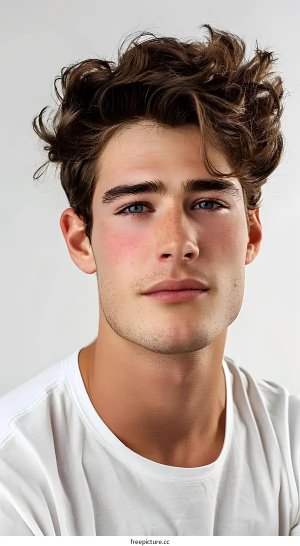 Portrait of a young male model with curly brown hair and blue eyes wearing a white t-shirt