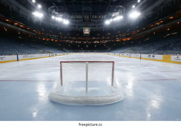 Empty Ice Hockey Arena with Goal
