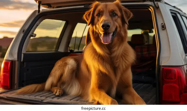 A Golden Retriever Dog Sitting in the Back of an SUV
