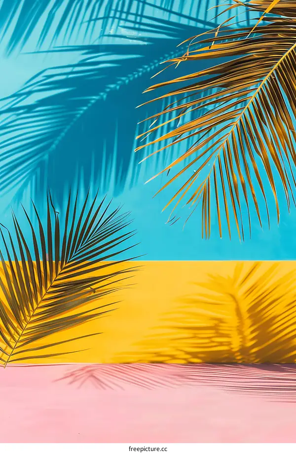 Tropical Palm Leaves Shadow on Colorful Wall