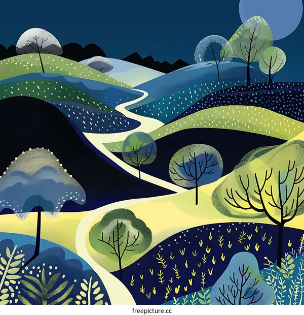 Abstract Night Landscape Illustration With Winding Path