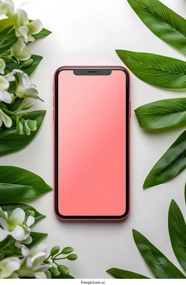 Pink Smartphone with White Flowers and Green Leaves on White Background