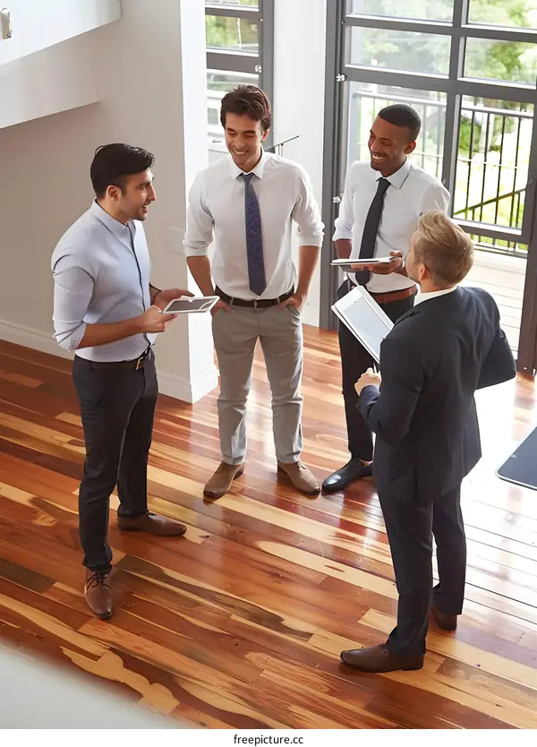 Businessmen Meeting in Modern Office Space with Wood Floors