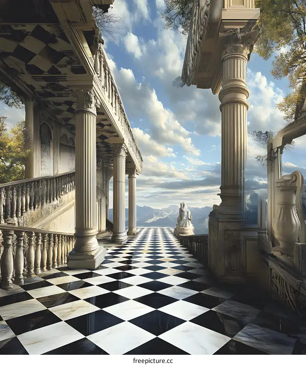 Checkerboard Floor With Classic Greek Architecture