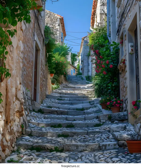 A steep stone alley with colorful flowers in pots