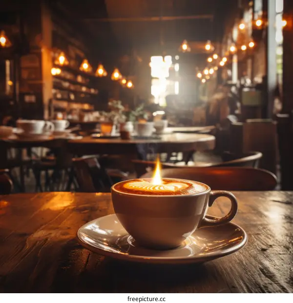 Cup of coffee on a wooden table in a cafe