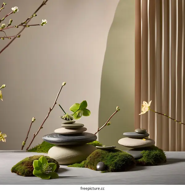Zen Stones with Moss and Flowers