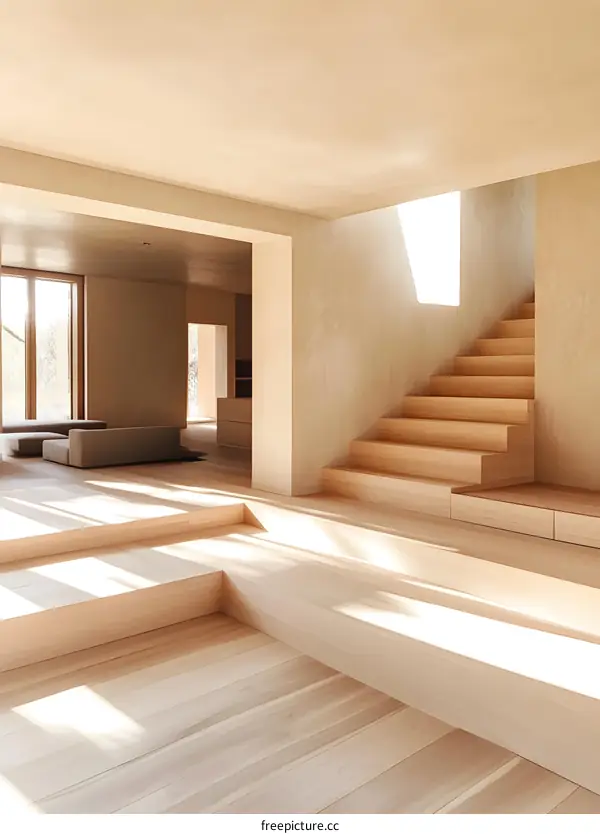 Modern Minimalist Interior Design with Wooden Stairs and Sunlight