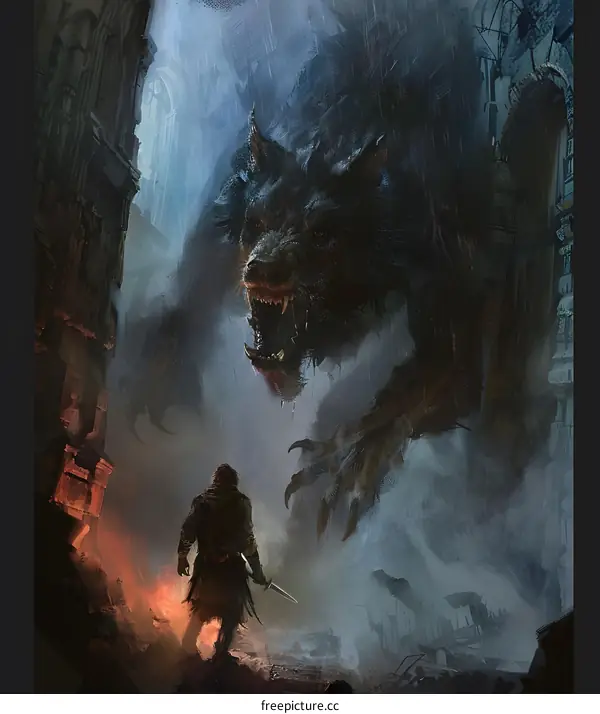 Man Facing Monster Wolf in a Gothic Setting
