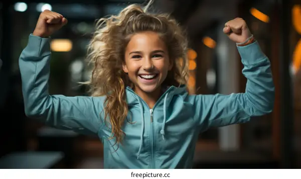 Ecstatic blonde girl celebrating her victory with a bright smile