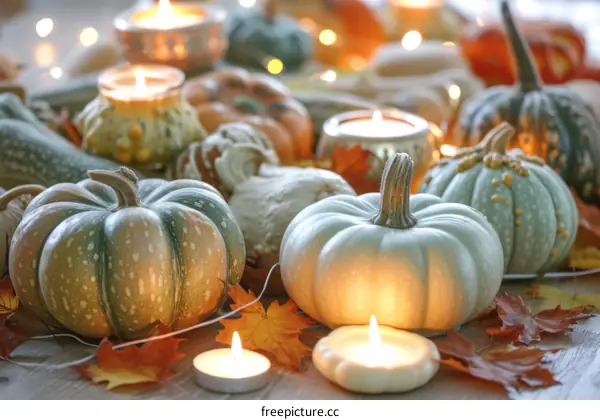 A beautiful still life of pumpkins and gourds with candles and fall leaves.
