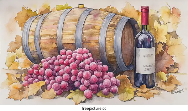 Wine Barrel Grapes and Bottle Still Life Watercolor Painting